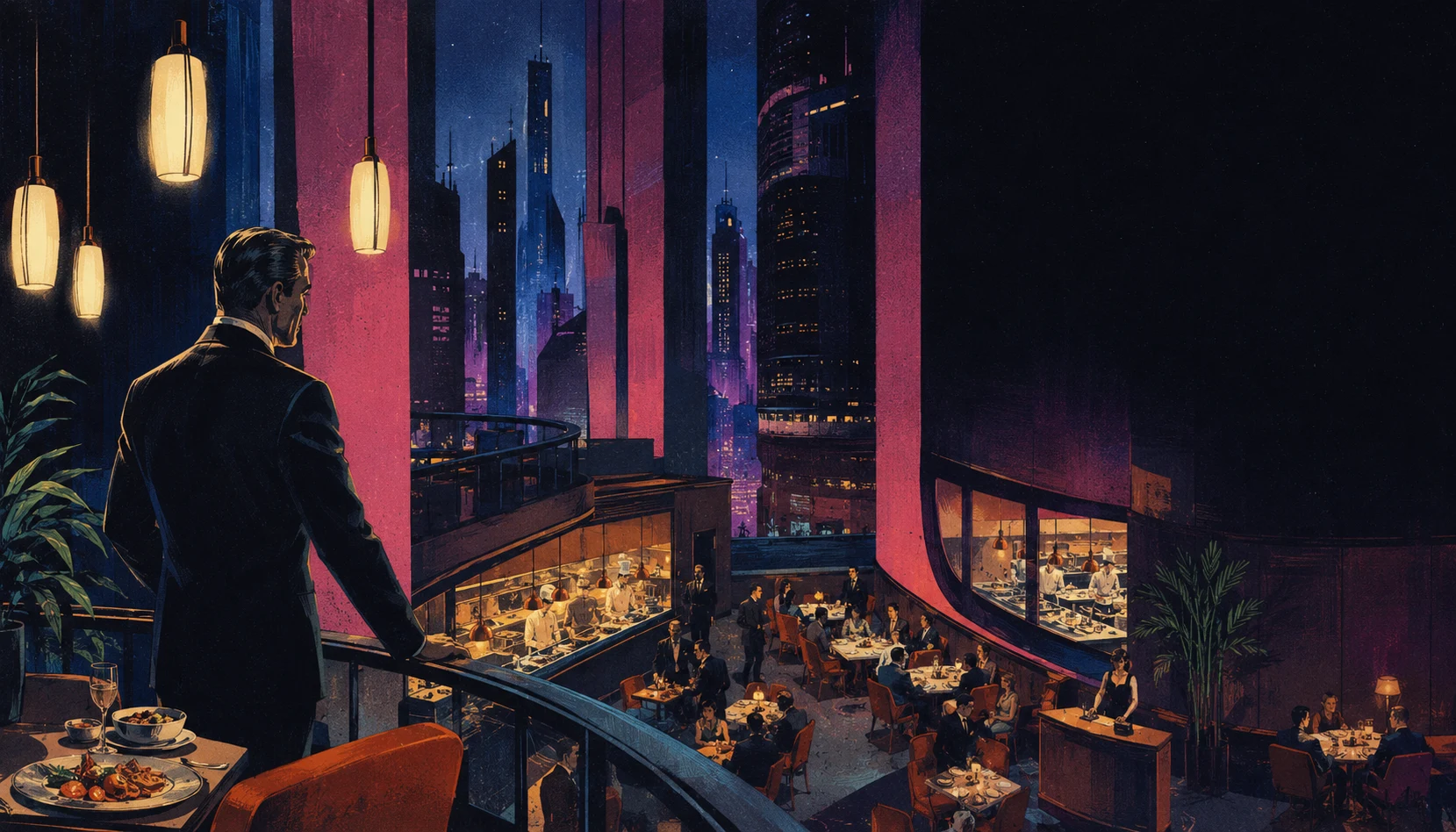 Dueño de restaurante observando su salón lleno desde el balcón