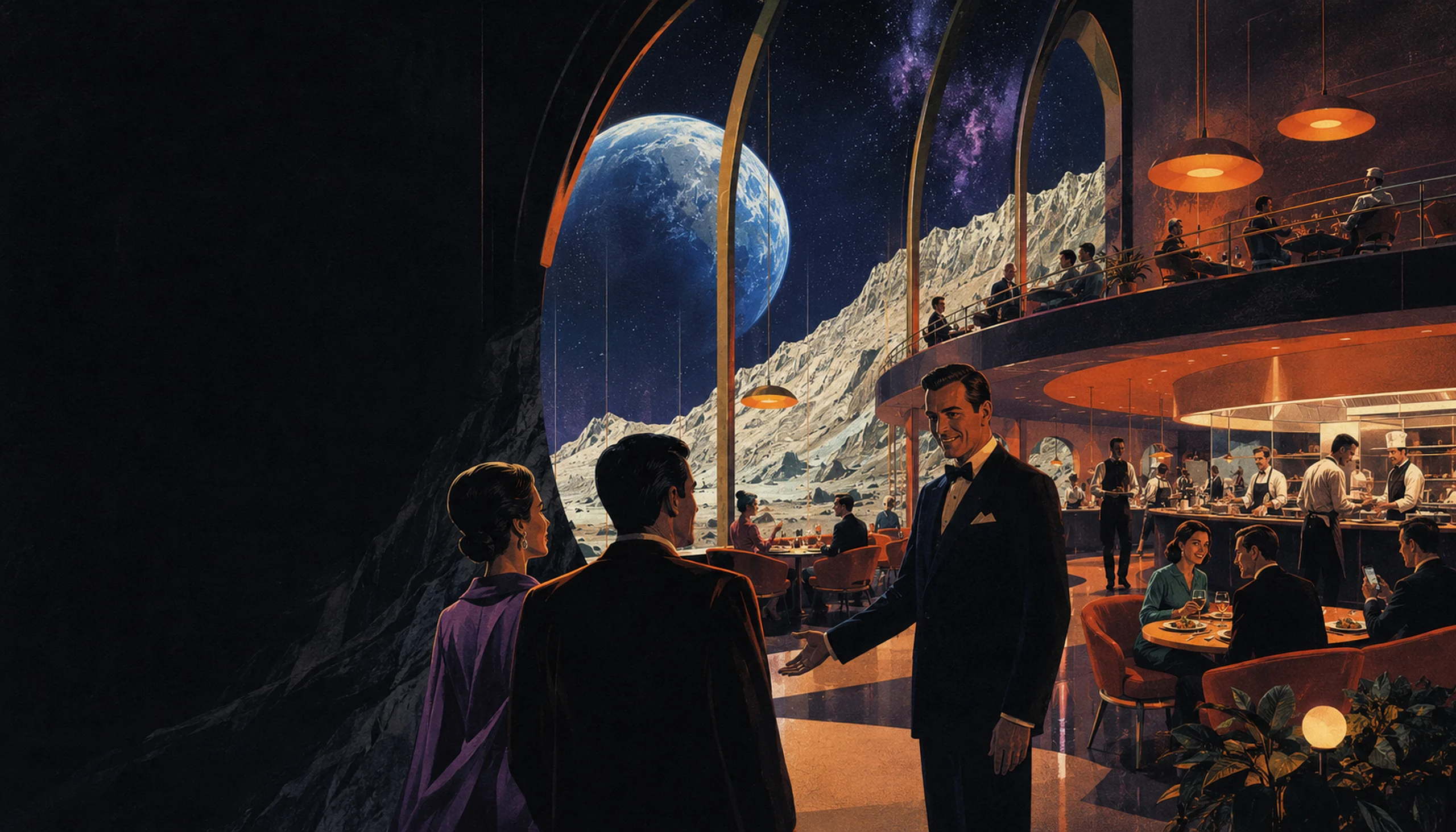 Restaurante retrofuturista en la Luna: el maître recibe a una pareja con la Tierra asomando en los ventanales