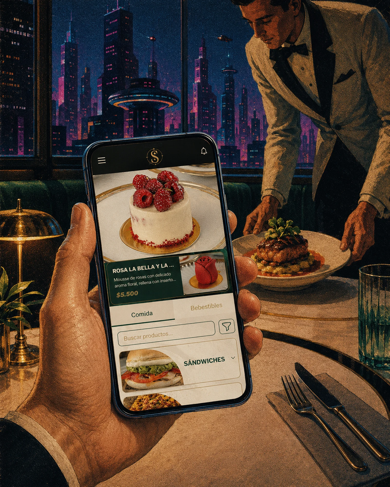 Menú digital abierto en un teléfono sobre la mesa