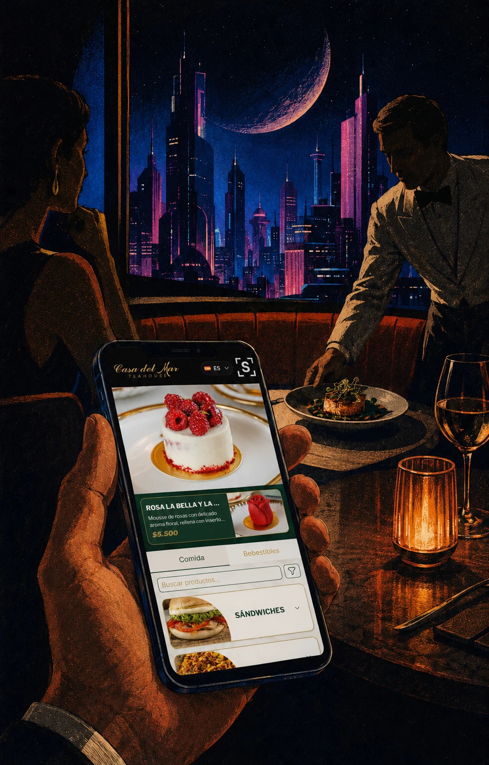 Menú digital ShowSpace en un teléfono, en un restaurante nocturno