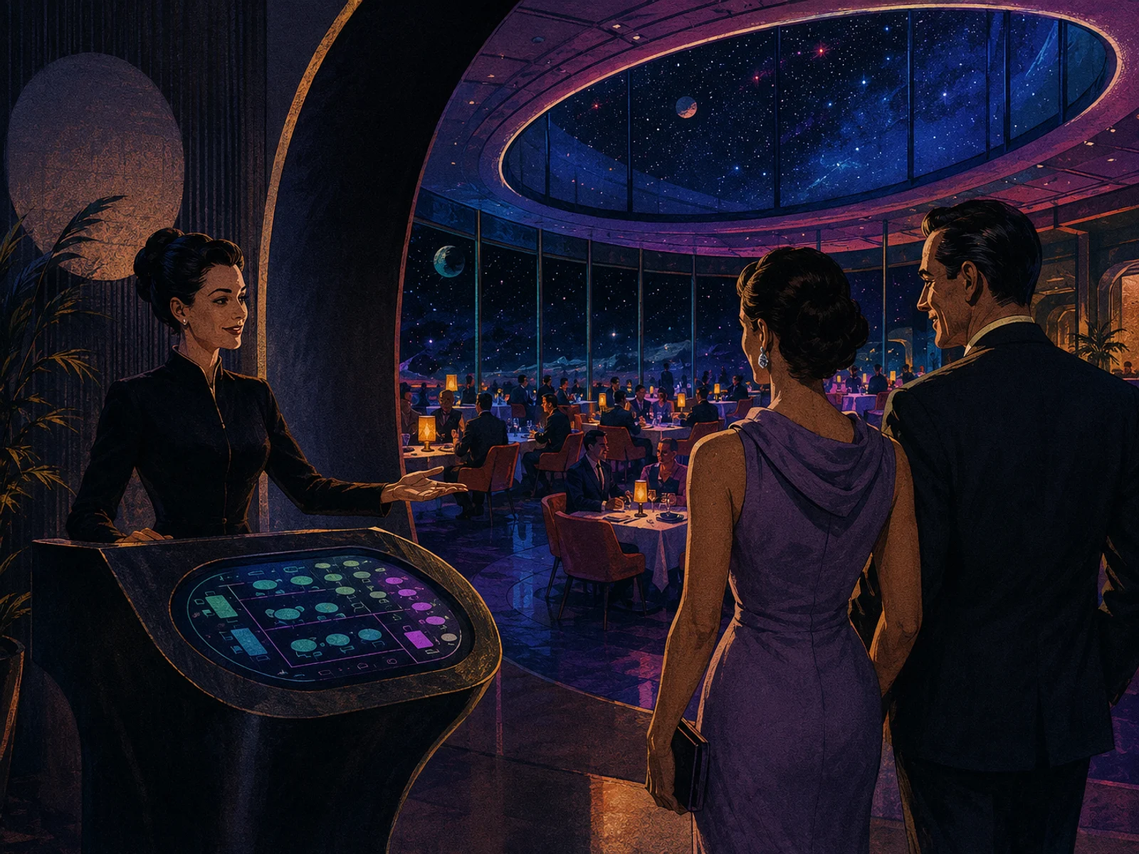 Pareja reservando en un podio con el plano luminoso del salón